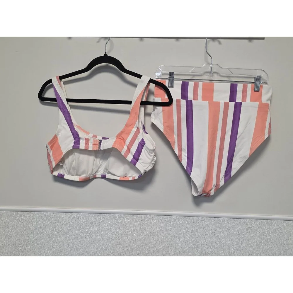 Women's Cupshe White Peach Purple Striped‎ High Waist Bikini Set 0X